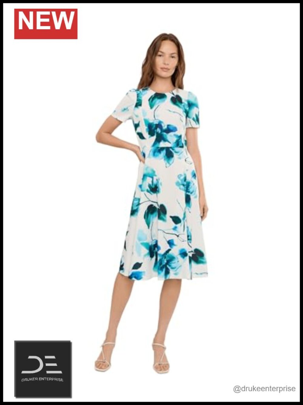 Short Sleeve Linen Floral A-Line Dress Round Neck Back Zip